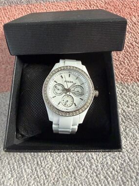 Fossil White Ceramic Watch with Crystal Bezel